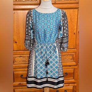 LOFT Blue and Black Patterned Long Sleeve Dress